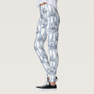 Coastal Chic Blue Stripes Seashells Toile de Jouy Leggings