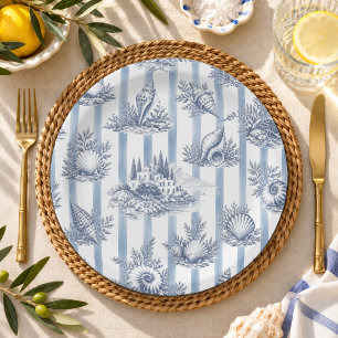 Coastal Chic Blue Stripes Seashells Toile de Jouy Paper Plate