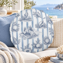 Coastal Chic Blue Stripes Seashells Toile de Jouy