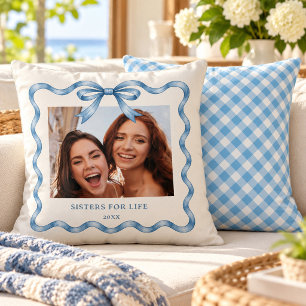 Coastal Chic Blue Watercolor Ribbon Bow 2 Photo Cushion