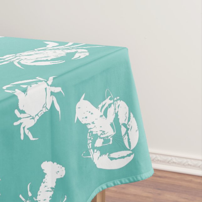 Coastal Chic Blue White Crab and Lobster Pattern Tablecloth (In Situ)
