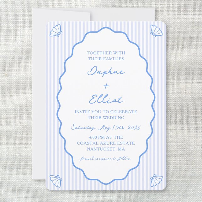Coastal Chic Blue & White Striped Wavy Wedding Invitation (Creator Uploaded)