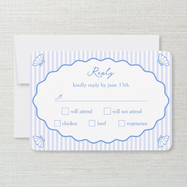 Coastal Chic Blue & White Striped Wavy Wedding RSVP Card (Creator Uploaded)