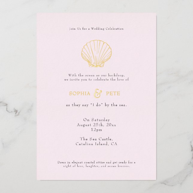 Coastal Chic Foil Wedding Invite Blush (Front)