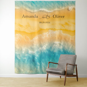 Coastal Chic Golden Sand Teal Wedding Backdrop Tapestry