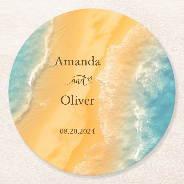 Coastal Chic Golden Sand Teal Wedding Welcome Round Paper Coaster (Front)