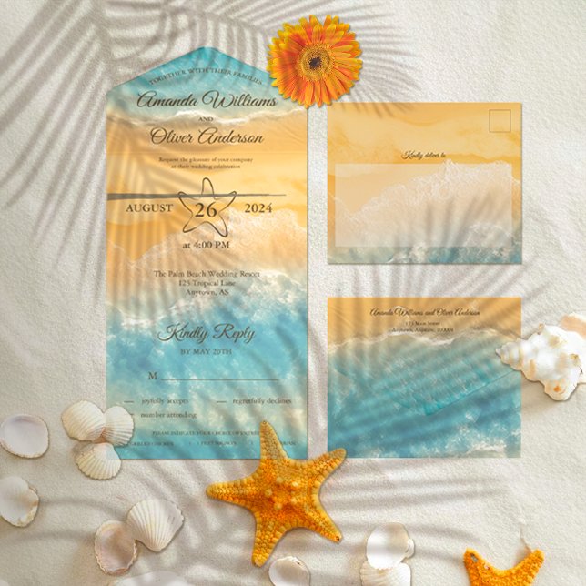 Coastal Chic Golden Sand Turquoise Water Wedding All In One Invitation (Creator Uploaded)