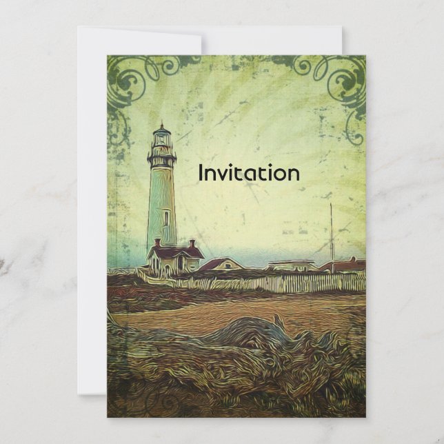 Coastal chic impressionism landscape lighthouse invitation (Front)