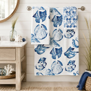coastal chic indigo blue ocean watercolor seashell bath towel set