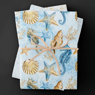 Coastal Chic | Modern Blue and Gold Under the Sea Wrapping Paper Sheet