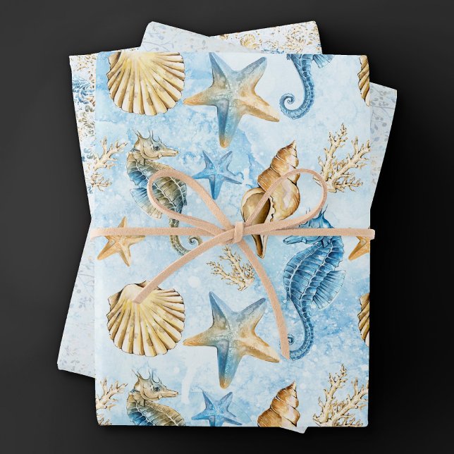 Coastal Chic | Modern Blue and Gold Under the Sea Wrapping Paper Sheet (Creator Uploaded)