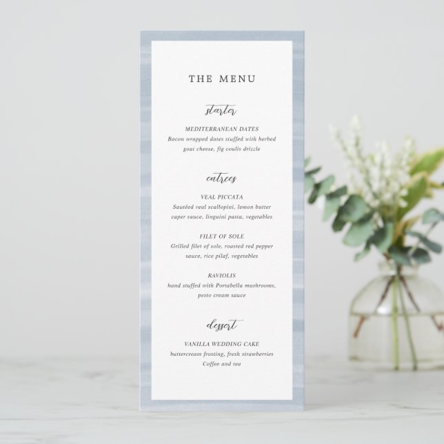 Coastal Chic Muted Blue Elegant Wedding Menu (Standing Front)