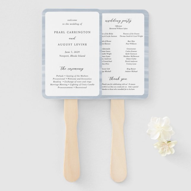 Coastal Chic Muted Blue Elegant Wedding Program Hand Fan (Front and Back)