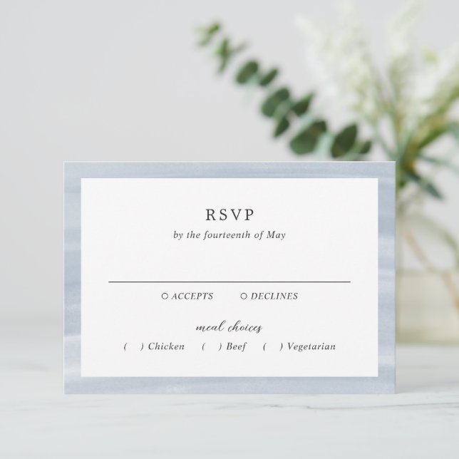 Coastal Chic Muted Blue Elegant Wedding RSVP Card (Standing Front)