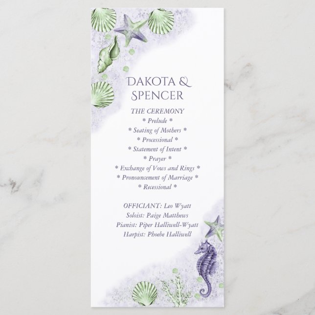 Coastal Chic | Purple and Green Wedding Ceremony Program (Front)