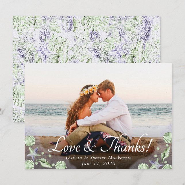 Coastal Chic | Purple and Lime Green Beach Wedding Thank You Card (Front/Back)