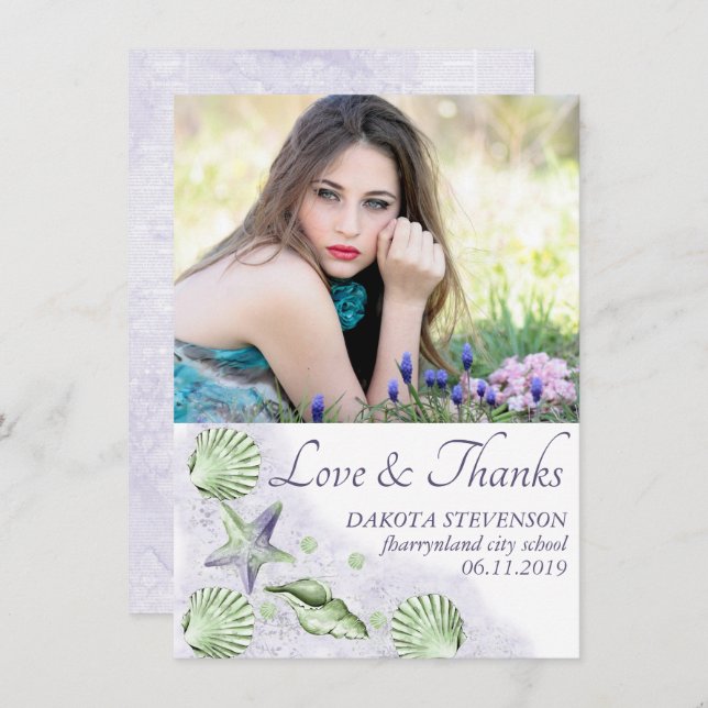 Coastal Chic | Purple and Lime Green Senior Photo Thank You Card (Front/Back)