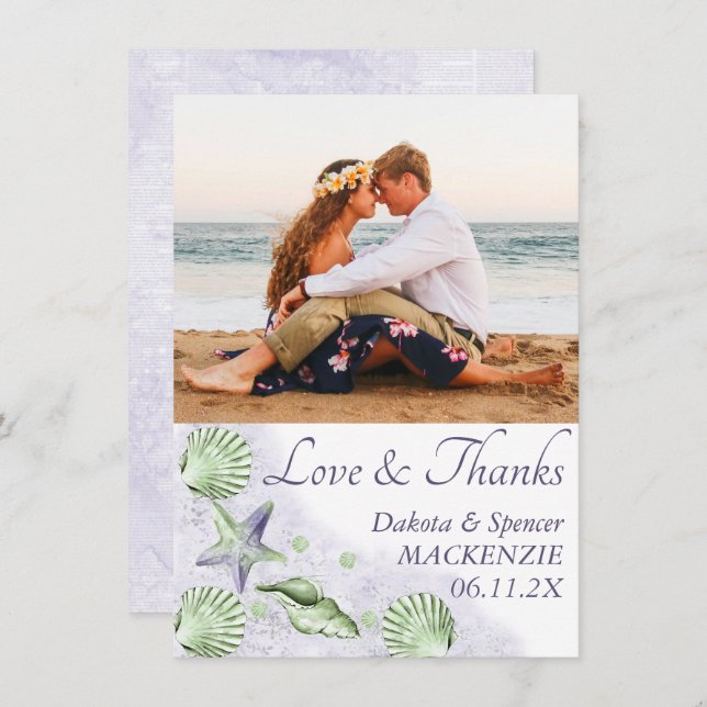 Coastal Chic | Purple and Lime Green Wedding Photo Thank You Card (Front/Back)
