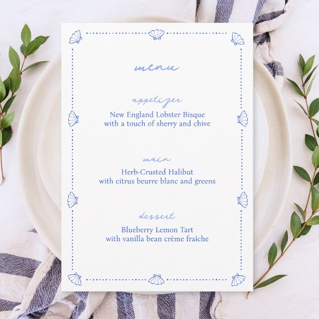 Coastal Chic Shell Border Blue and White Wedding Menu (Creator Uploaded)
