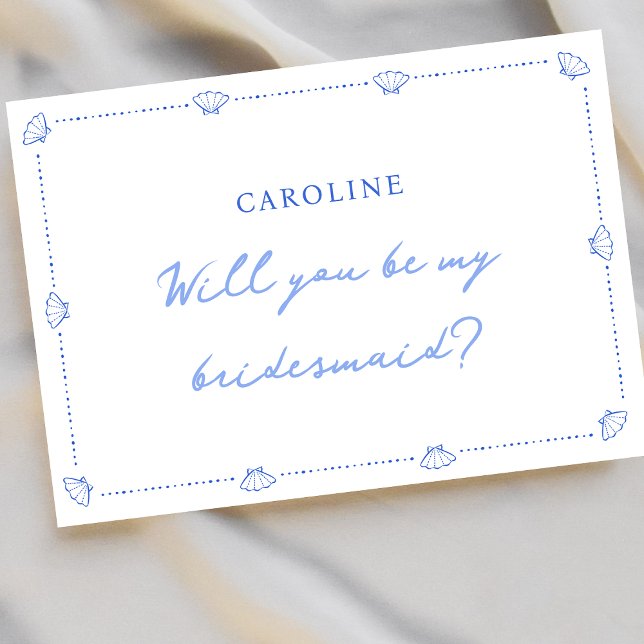 Coastal Chic Shell Border Blue Bridesmaid Proposal Card (Creator Uploaded)