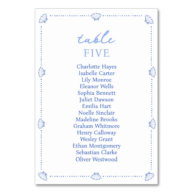 Coastal Chic Shell Border Elegant Blue Wedding Table Number (Front)