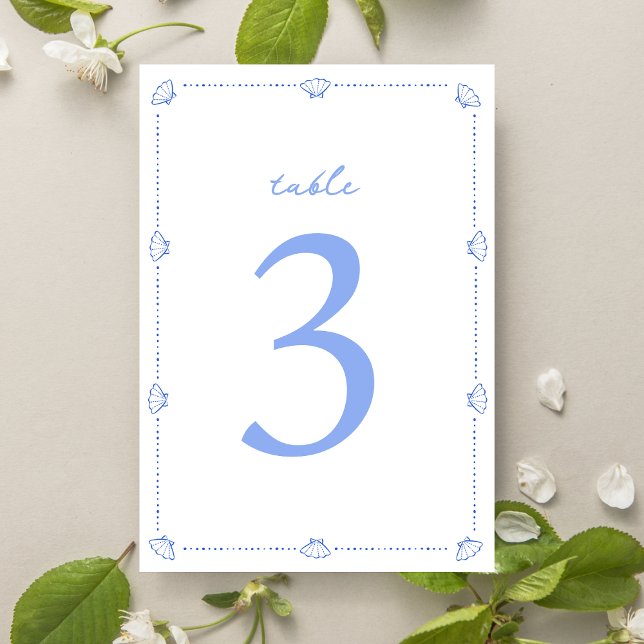 Coastal Chic Shell Border Elegant Blue Wedding Table Number (Refined coastal table numbers with a delicate seashell border—perfect for a chic seaside wedding.)