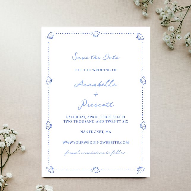 Coastal Chic Shell Border No Photo Blue Wedding Save The Date (Customize this elegant save the date with your details—ideal for beachfront, and coastal weddings.)