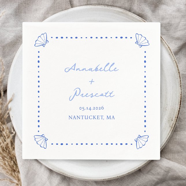 Coastal Chic Shell Border Personalised Wedding Napkin (Complete your seaside wedding with these chic cocktail napkins with a delicate blue seashell border.)