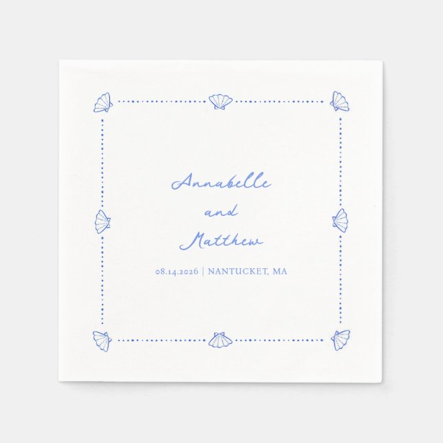Coastal Chic Shell Border Personalised Wedding Napkin (Front)