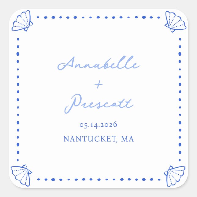 Coastal Chic Shell Border Personalised Wedding Square Sticker (Front)