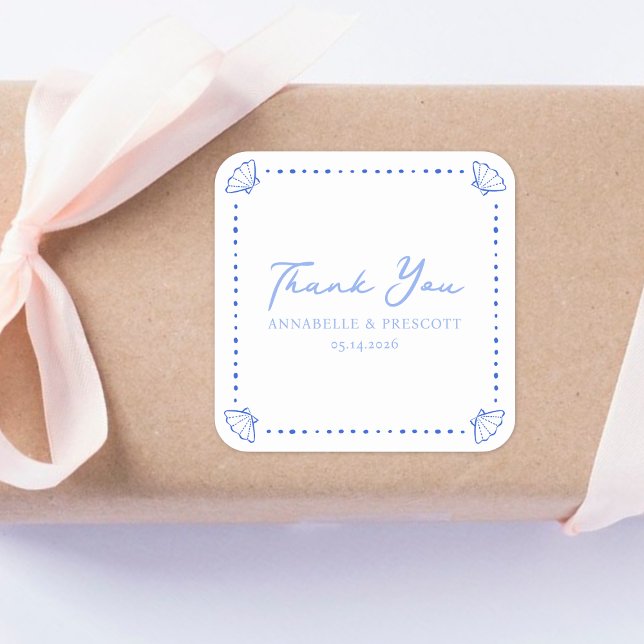 Coastal Chic Shell Border Wedding Thank You Square Sticker (Perfect for a coastal wedding, these blue & white favor tags complete your seaside soiree.)