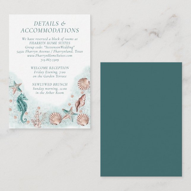 Coastal Chic | Teal and Coral Reef Accommodations Enclosure Card (Front/Back)