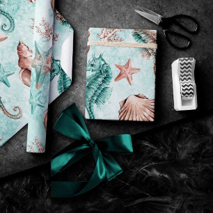 Coastal Chic   Teal and Coral Reef Pastel Pattern Wrapping Paper