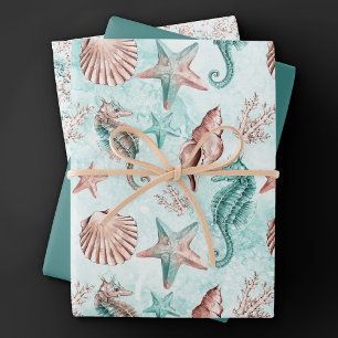 Coastal Chic   Teal and Coral Reef Pastel Pattern Wrapping Paper Sheet