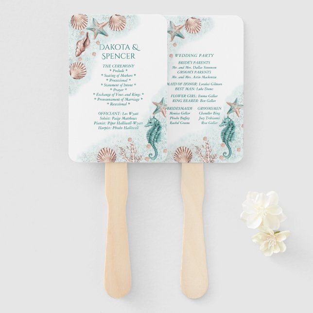 Coastal Chic | Teal and Coral Reef Wedding Program Hand Fan (Front and Back)