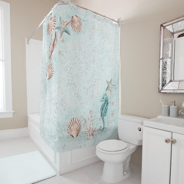 Coastal Chic | Teal and Rose Gold Under the Sea Shower Curtain (In Situ)