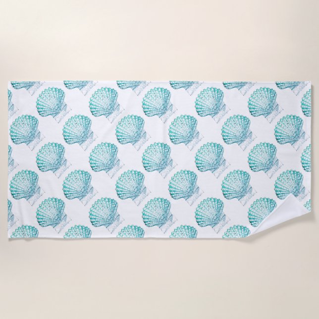 coastal chic teal blue watercolor mermaid seashell beach towel (Front)