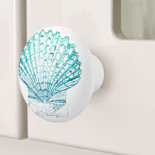 coastal chic teal blue watercolor mermaid seashell ceramic knob