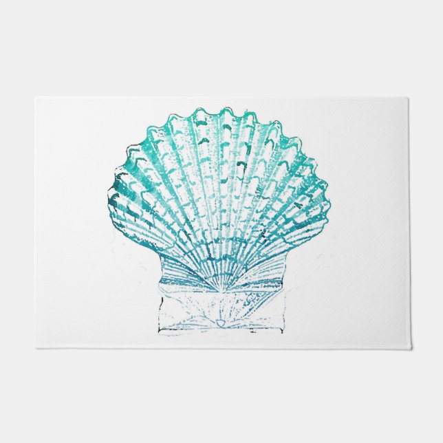 coastal chic teal blue watercolor mermaid seashell doormat (Front)
