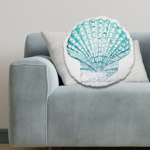 coastal chic teal blue watercolor mermaid seashell round cushion