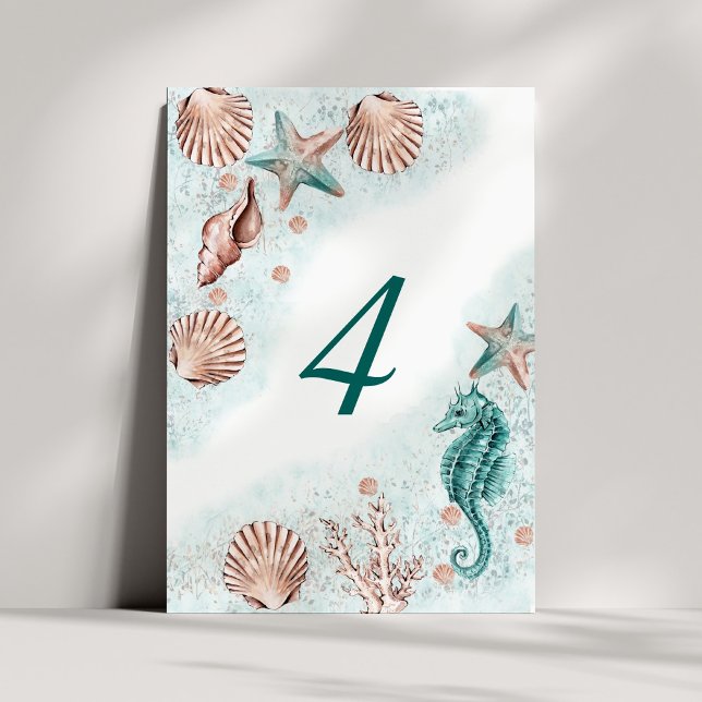 Coastal Chic | Teal Green and Coral Reef Party Table Number (Creator Uploaded)