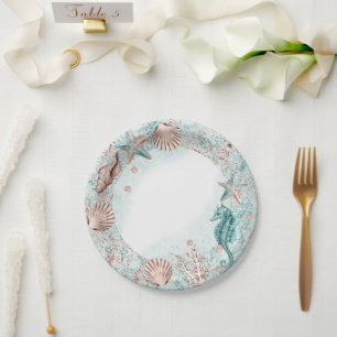 Coastal Chic   Teal Green and Coral Reef Shower Paper Plate