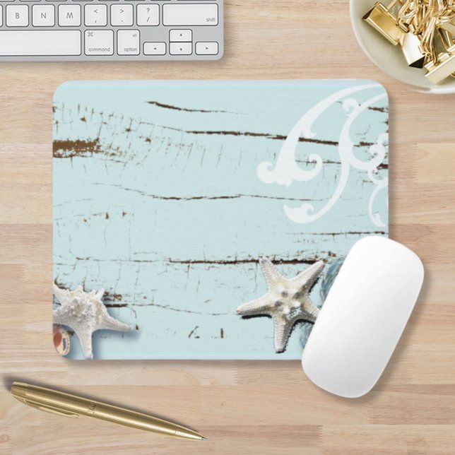 Coastal chic wood aqua blue starfish seashells mouse pad (Coastal chic wood aqua blue starfish seashells mouse pad)