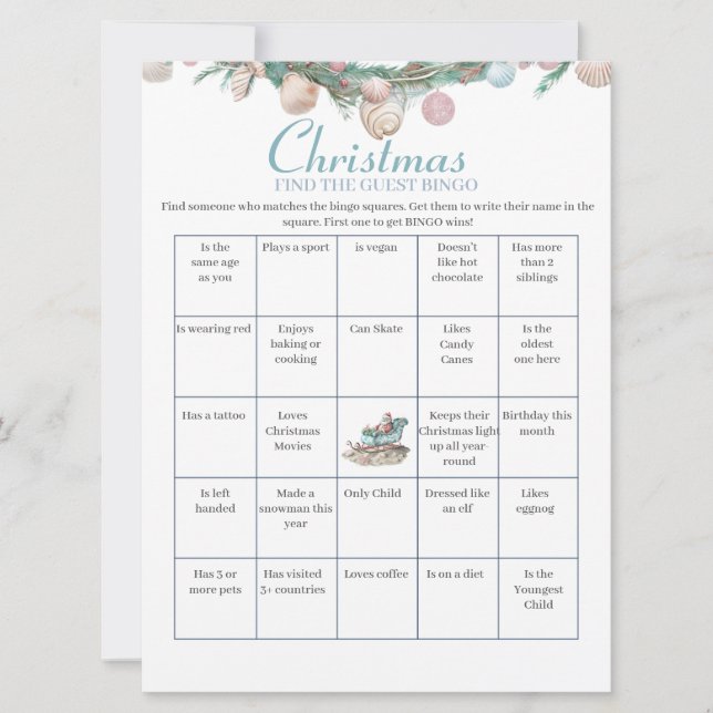 Coastal Chinoiserie Christmas Bingo game card (Front)