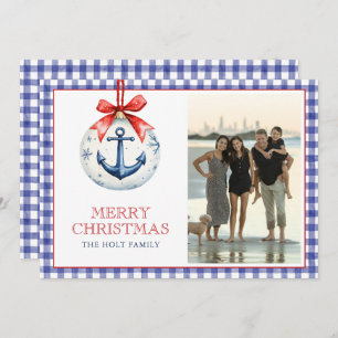 Coastal Christmas Anchor Ornament Gingham Photo Holiday Card