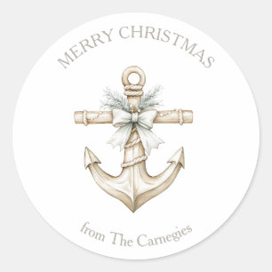 Coastal Christmas Anchor Watercolor Classic Round Sticker