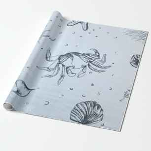 Coastal Christmas Beach Sea Creatures Blue Wrapping Paper