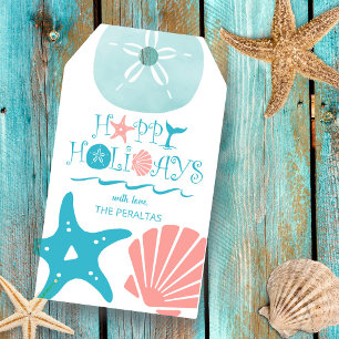 Coastal Christmas Beach Seashells Typography Gift Tags