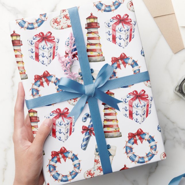 Coastal Christmas Blue and Red Nautical Wrapping Paper (Creator Uploaded)