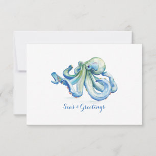 Coastal Christmas Blue Octopus Watercolor Holiday